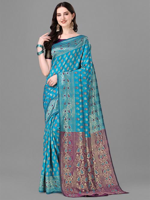 blue banarasi saree - 20184214 - Very Small Image - 1
