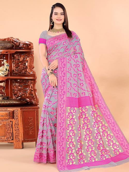grey self design jamdani saree with blouse - 20184218 - Very Small Image - 1