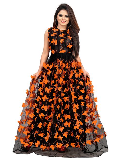 orange self design round neck semi-stitched gown - 20184246 - Very Small Image - 1