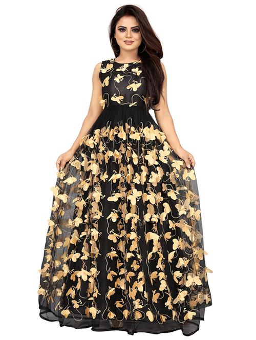 yellow self design round neck semi-stitched gown - 20184249 - Very Small Image - 1