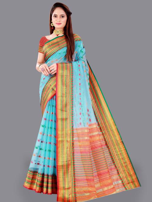 light blue self design woven saree with blouse - 20184302 - Very Small Image - 1