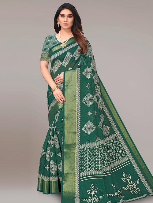 dark green printed woven saree with blouse - 20184327 - Very Small Image - 1