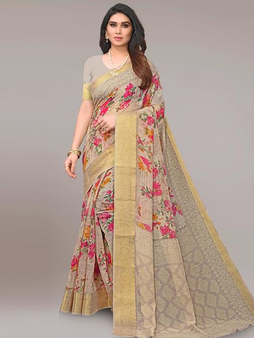 grey floral printed saree with blouse - 20184329 - Very Small Image - 1