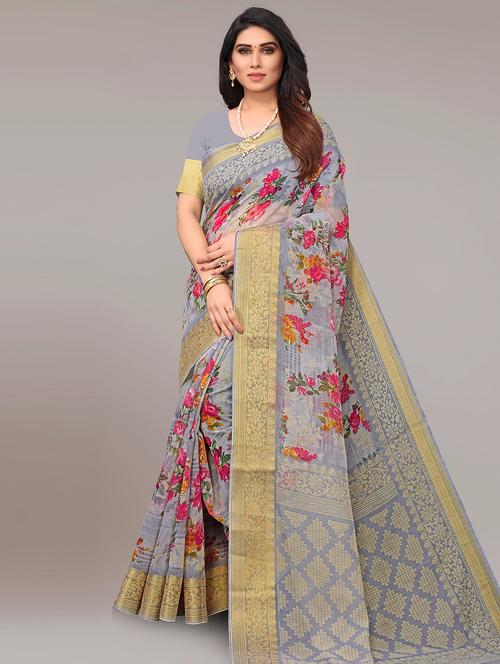 grey floral printed saree with blouse - 20184336 - Very Small Image - 1