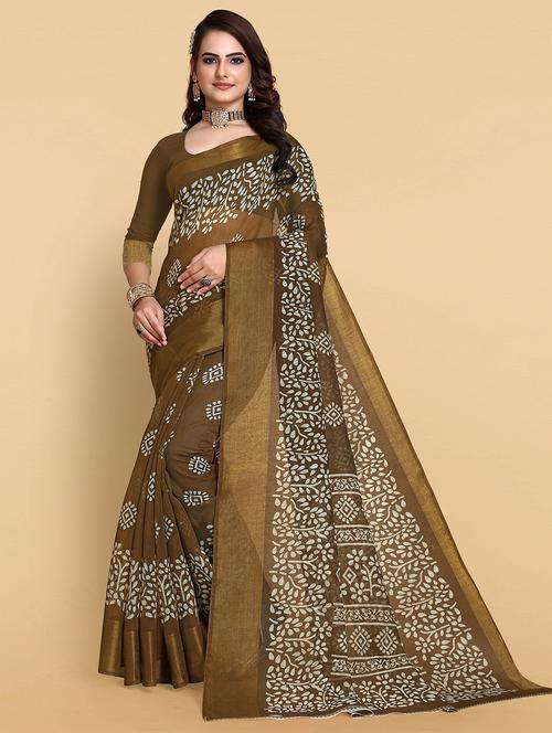 olive printed woven saree with blouse - 20184344 - Very Small Image - 1