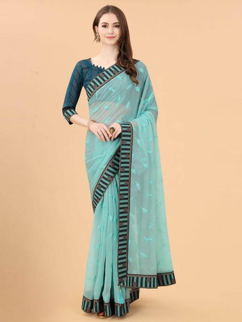 all over embroidery & jacquard border saree with blouse - 20184350 - Very Small Image - 1