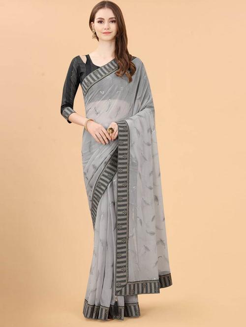 grey self design sequin work saree with blouse - 20184351 - Very Small Image - 1
