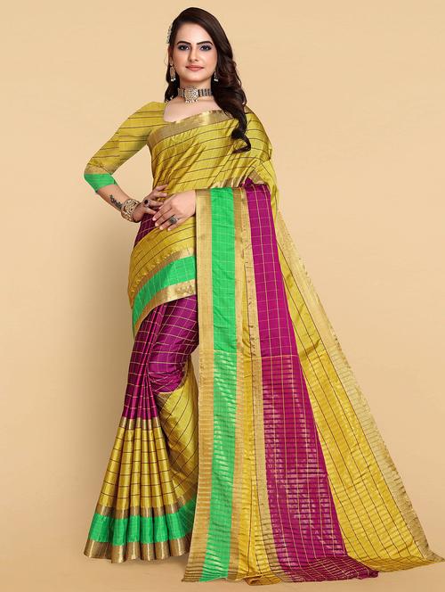 pink & green checkered saree with blouse - 20184379 - Very Small Image - 1