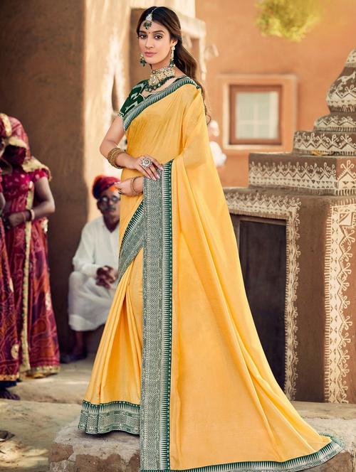 yellow solid with bordered saree with blouse - 20184384 - Very Small Image - 1