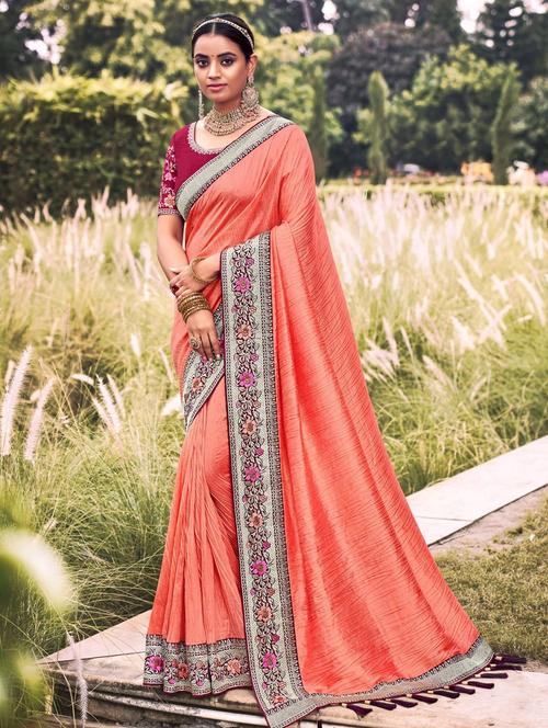 orange self design zari work saree with blouse - 20184393 - Very Small Image - 1