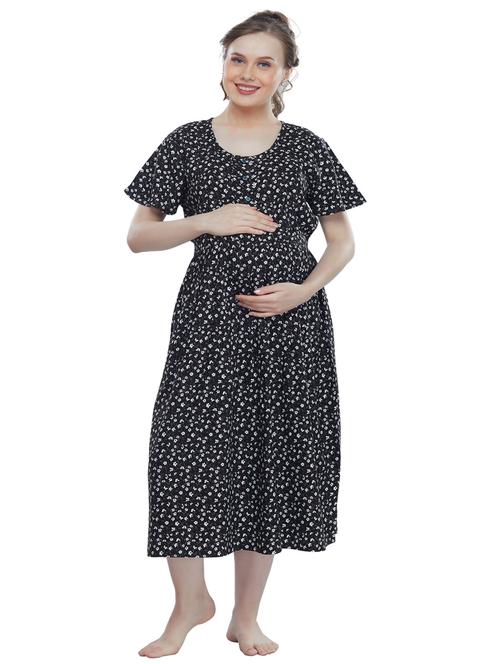black florl print round neck short sleeves nighty - 20184591 - Very Small Image - 1