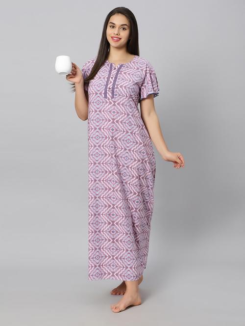 purple printed notch neck short sleeves nighty - 20184633 - Very Small Image - 1