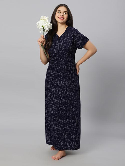 navy blue printed round neck short sleeves nighty - 20184635 - Very Small Image - 1