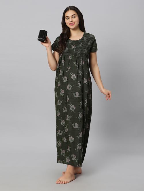 green printed round neck short sleeves nighty - 20184658 - Very Small Image - 1