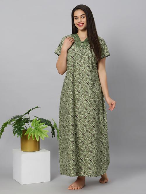 green printed v neck short sleeves nighty - 20184679 - Very Small Image - 1