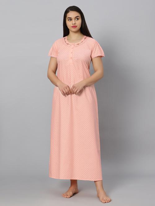 peach printed round neck short sleeves nighty - 20184682 - Very Small Image - 1