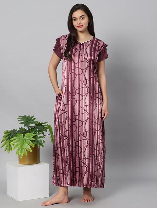 purple printed v neck short sleeves nighty - 20184690 - Very Small Image - 1