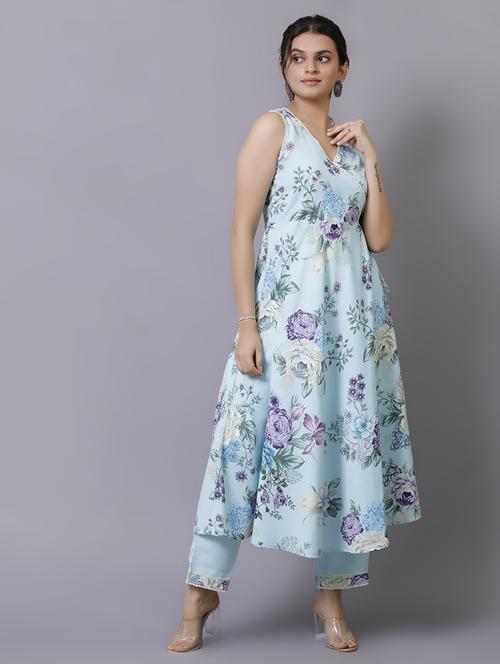 blue floral printed v neck kurta pant set - 20184825 - Very Small Image - 1