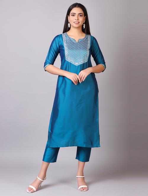 blue notch neck kurta pant set - 20184876 - Very Small Image - 1
