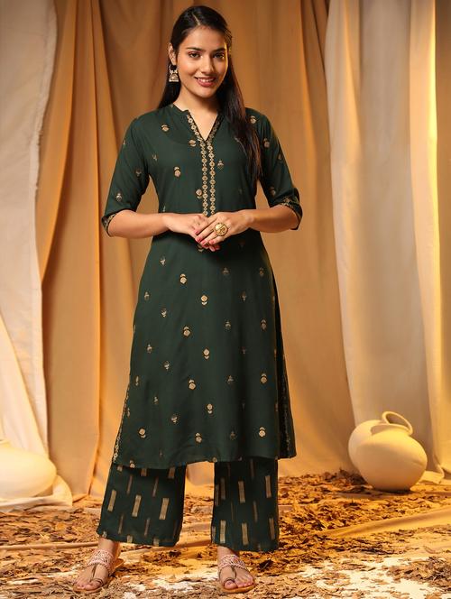 green mandarin neck kurta palazzo set - 20184957 - Very Small Image - 1