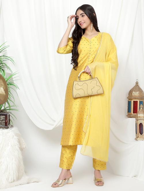 yellow v neck kurta pant set with dupatta - 20185008 - Very Small Image - 1
