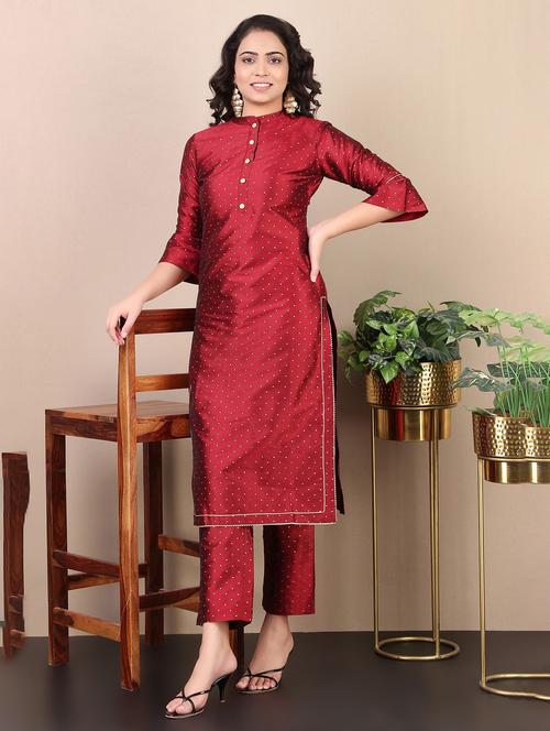 red chanderi kurta pant set - 20185024 - Very Small Image - 1