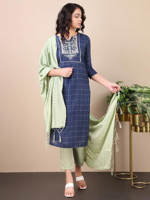 blue notch neck kurta pant set with dupatta - 20185033 - Very Small Image - 1