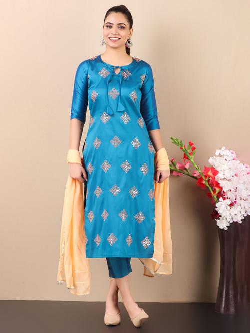 blue tie up neck kurta pant set with dupatta - 20185046 - Very Small Image - 1