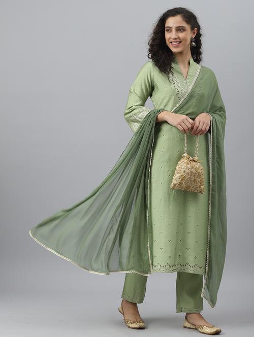 green mandarin neck kurta pant set with dupatta - 20185086 - Very Small Image - 1