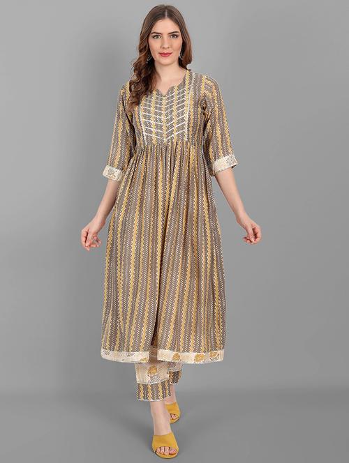 yellow notch neck kurta pant set - 20185127 - Very Small Image - 1