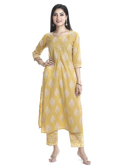 yellow round neck kurta pant set - 20185154 - Very Small Image - 1