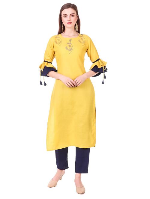 yellow round neck kurta pant set - 20185165 - Very Small Image - 1