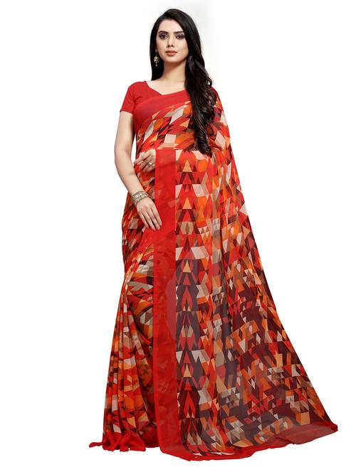 red printed saree - 20185213 - Very Small Image - 1