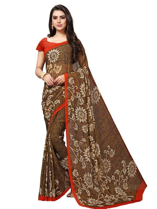 brown floral printed saree with blouse - 20185312 - Very Small Image - 1