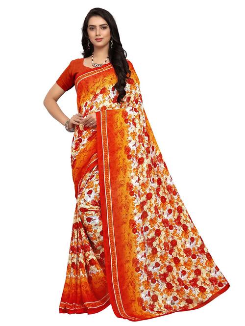 orange floral printed georgette saree with blouse - 20185318 - Very Small Image - 1