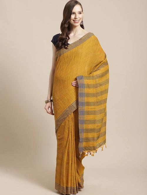 mustard cotton stripes printed saree with blouse - 20185340 - Very Small Image - 1