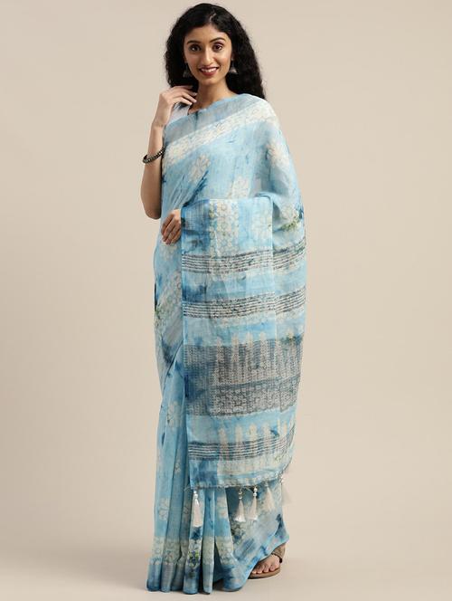women's floral light blue colored saree with blouse - 20185352 - Very Small Image - 1