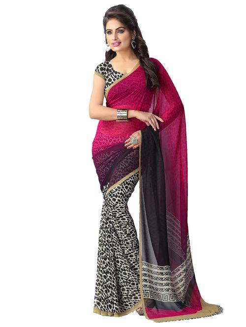 pink & black georgette printed saree with blouse - 20185365 - Very Small Image - 1
