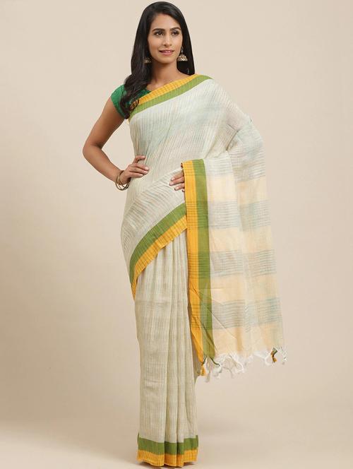 cream cotton stripes printed saree with blouse - 20185375 - Very Small Image - 1