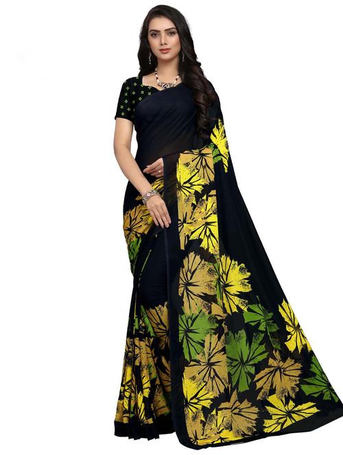 black floral printed georgette saree with blouse - 20185390 - Very Small Image - 1