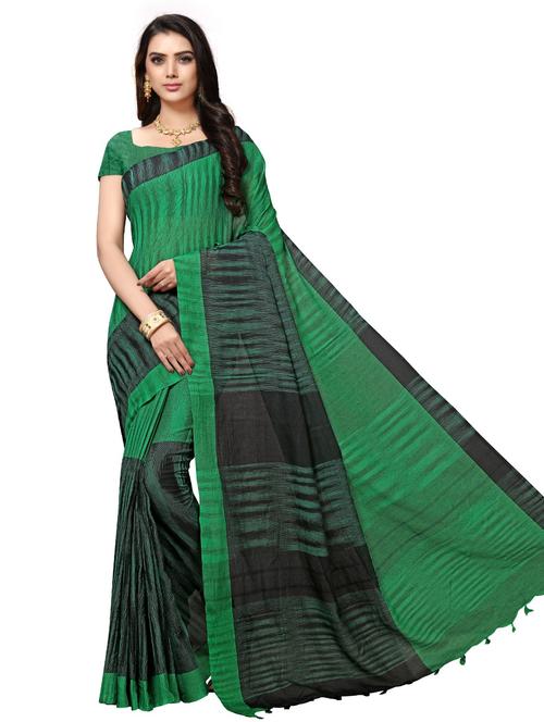 green cotton blend printed saree with blouse - 20185393 - Very Small Image - 1