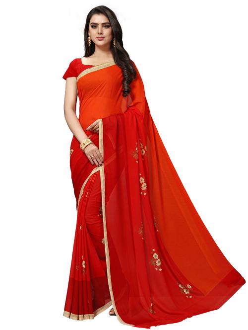 orange & red floral printed chiffon saree with blouse - 20185396 - Very Small Image - 1
