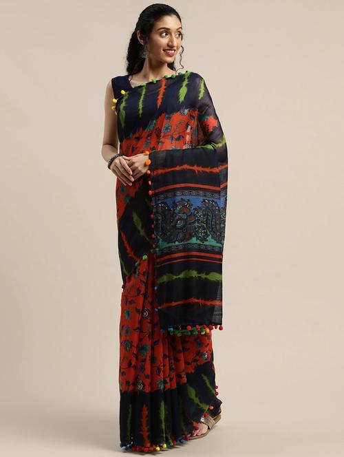orange & black floral printed saree with blouse - 20185421 - Very Small Image - 1
