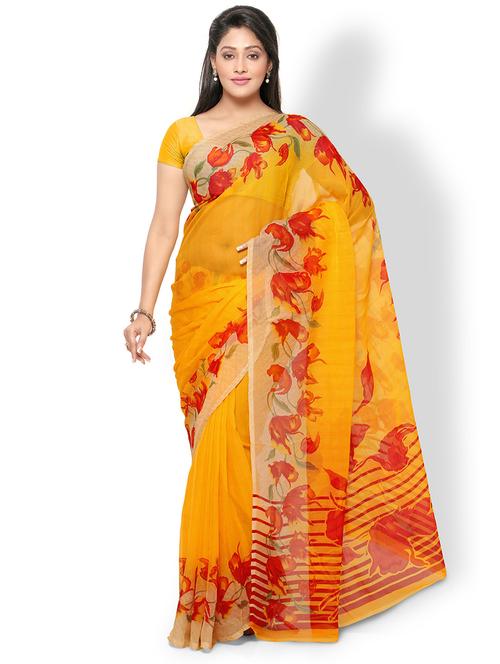 yellow printed saree with blouse - 20185422 - Very Small Image - 1