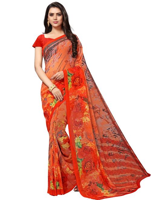 orange printed saree with blouse - 20185435 - Very Small Image - 1