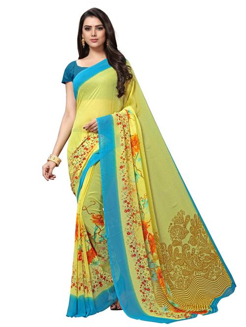 yellow printed chiffon saree with blouse - 20185449 - Very Small Image - 1