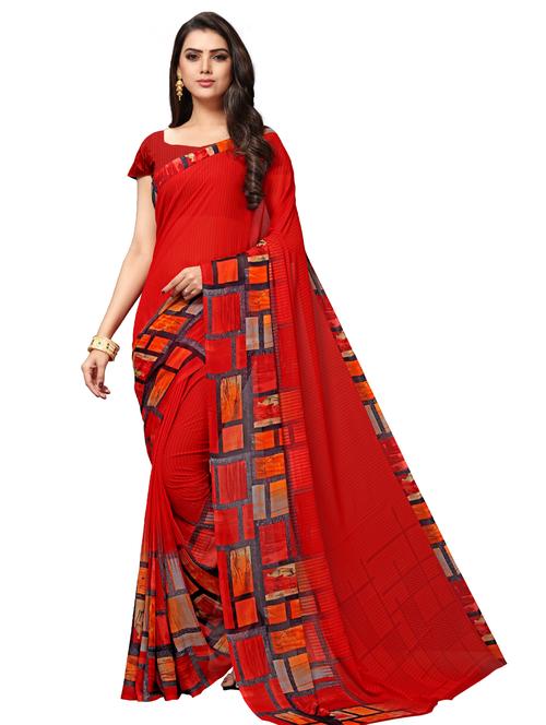 red printed chiffon saree with blouse - 20185470 - Very Small Image - 1