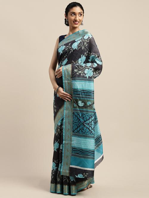 women's floral black colored saree with blouse - 20185543 - Very Small Image - 1