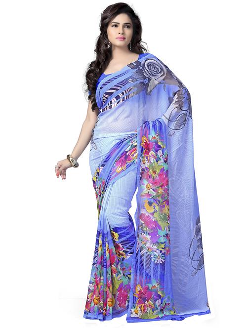 blue floral printed georgette saree with blouse - 20185559 - Very Small Image - 1