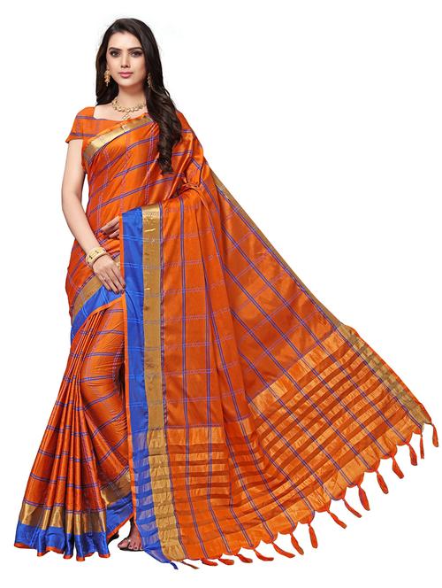 orange checkered saree with blouse - 20185563 - Very Small Image - 1